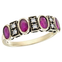 9K Yellow Gold Solid Ruby and Diamond Vintage Style Half Eternity Wedding Ring