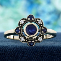 9K Yellow Gold Solid Sapphire and Diamond Vintage Style Floral Ring