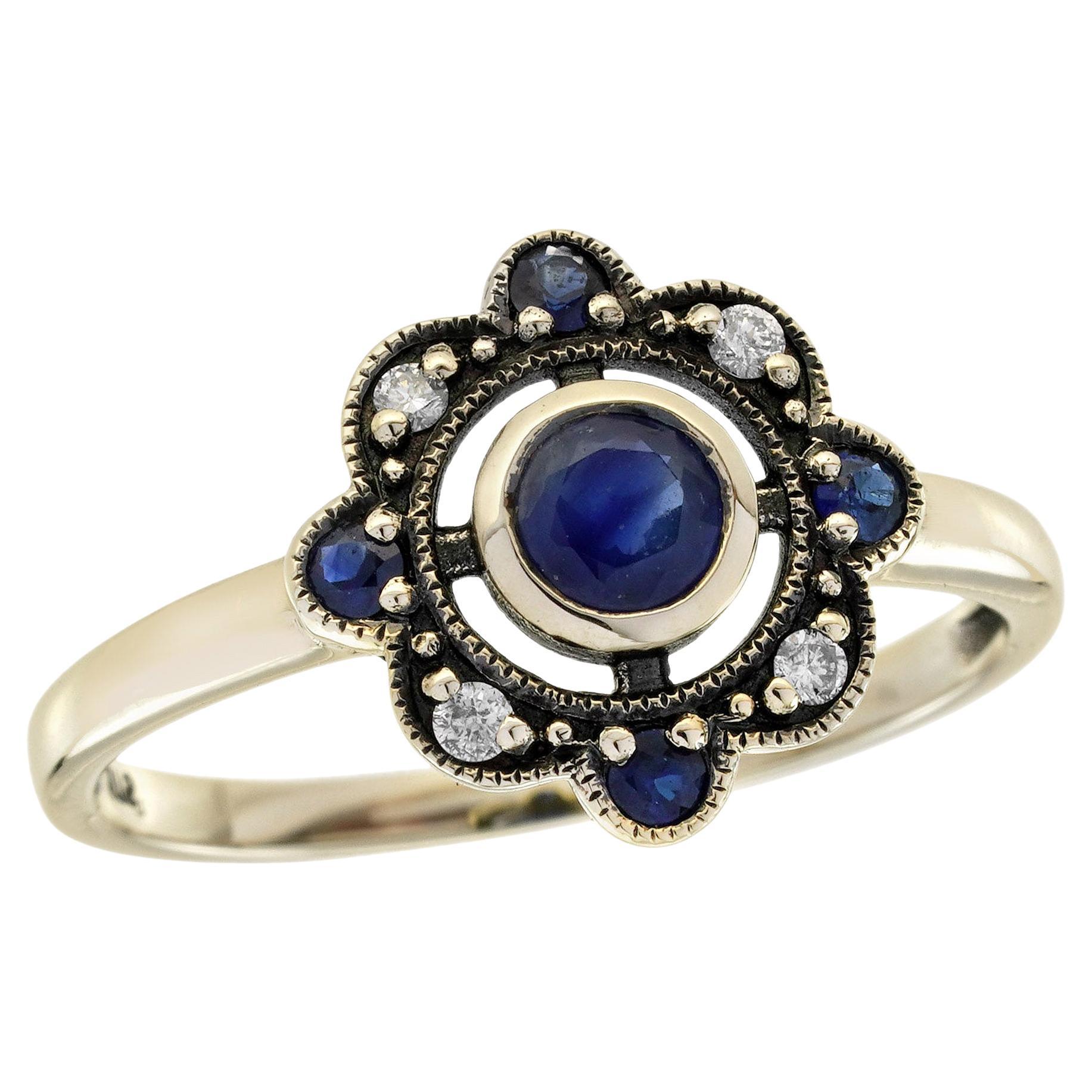 9K Yellow Gold Solid Sapphire and Diamond Vintage Style Floral Ring
