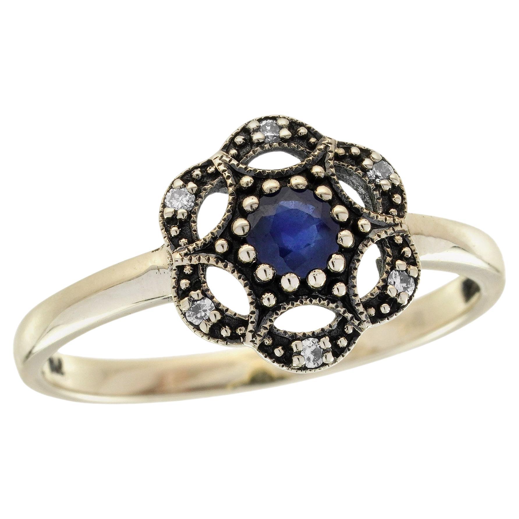 9K Yellow Gold Solid Sapphire and Diamond Vintage Style Ring For Sale