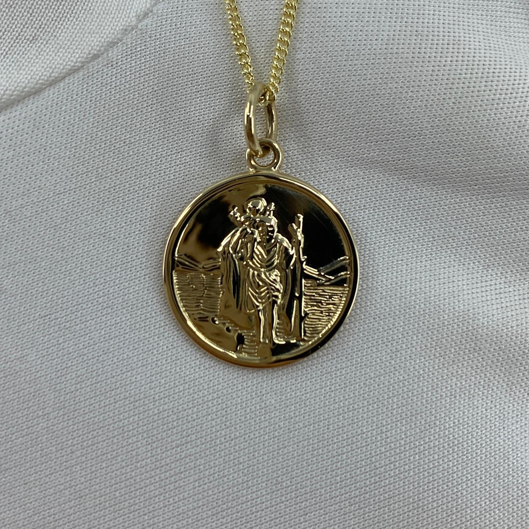 Women's or Men's 9k Yellow Gold St. Christopher Medium Round Pendant Curb Chain Necklace For Sale