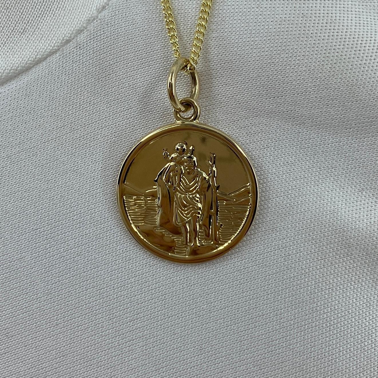 Women's or Men's 9k Yellow Gold St. Christopher Medium Round Pendant Curb Chain Necklace For Sale
