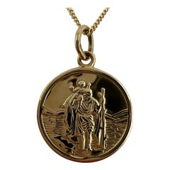 9k Yellow Gold St. Christopher Medium Round Pendant Curb Chain Necklace