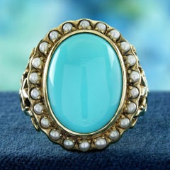 9K Yellow Gold Turquoise and Pearl Vintage Style Cocktail Ring