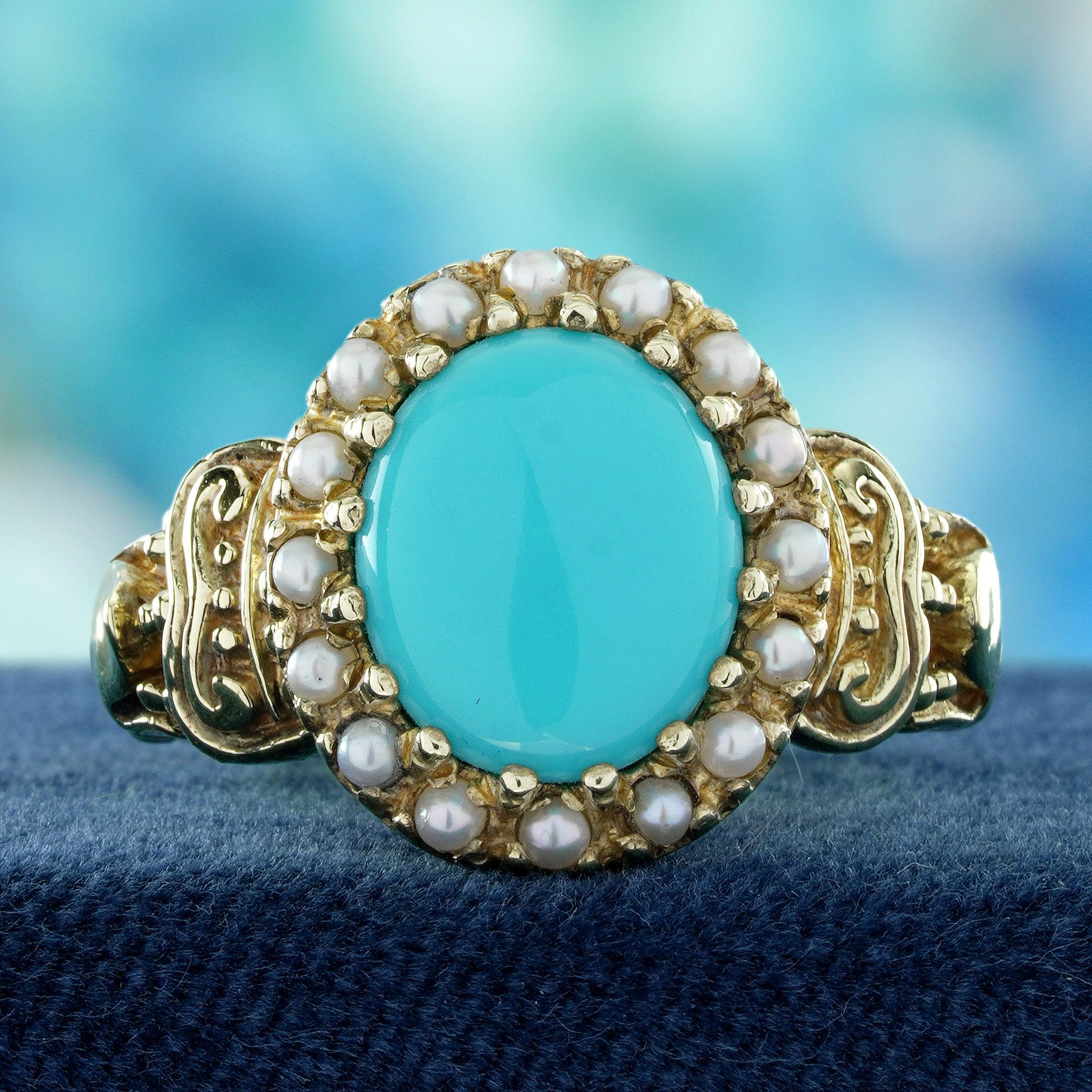 A vibrant turquoise gemstone at the center, radiating calm and natural beauty. Surrounding the centerpiece, round pearls form a delicate halo, adding softness and vintage-inspired charm. The shoulders of the ring showcase an elegant floral motif,