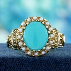 9K Yellow Gold Turquoise and Pearl Vintage Style Cocktail Ring