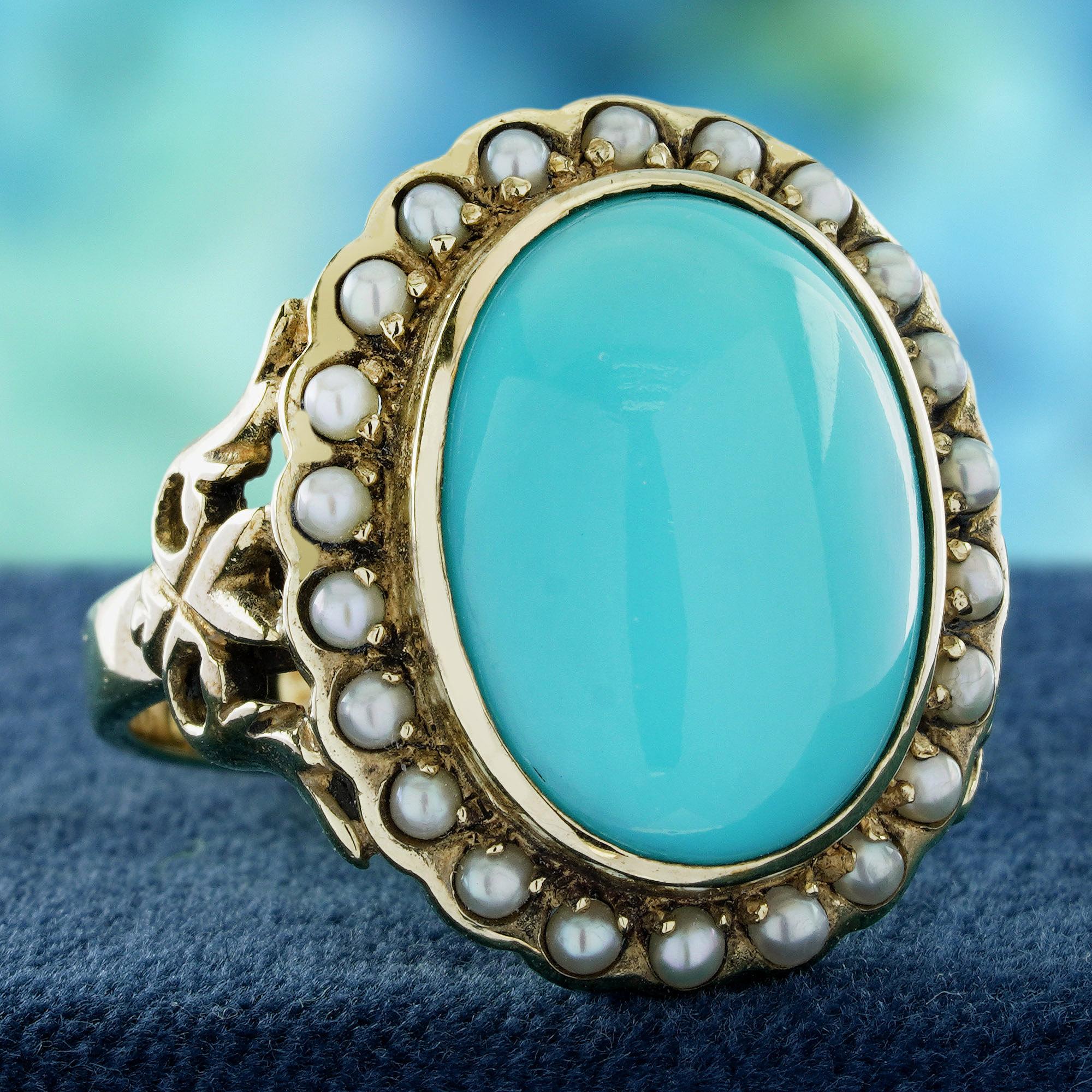 Edwardian 9K Yellow Gold Turquoise and Pearl Vintage Style Cocktail Ring For Sale
