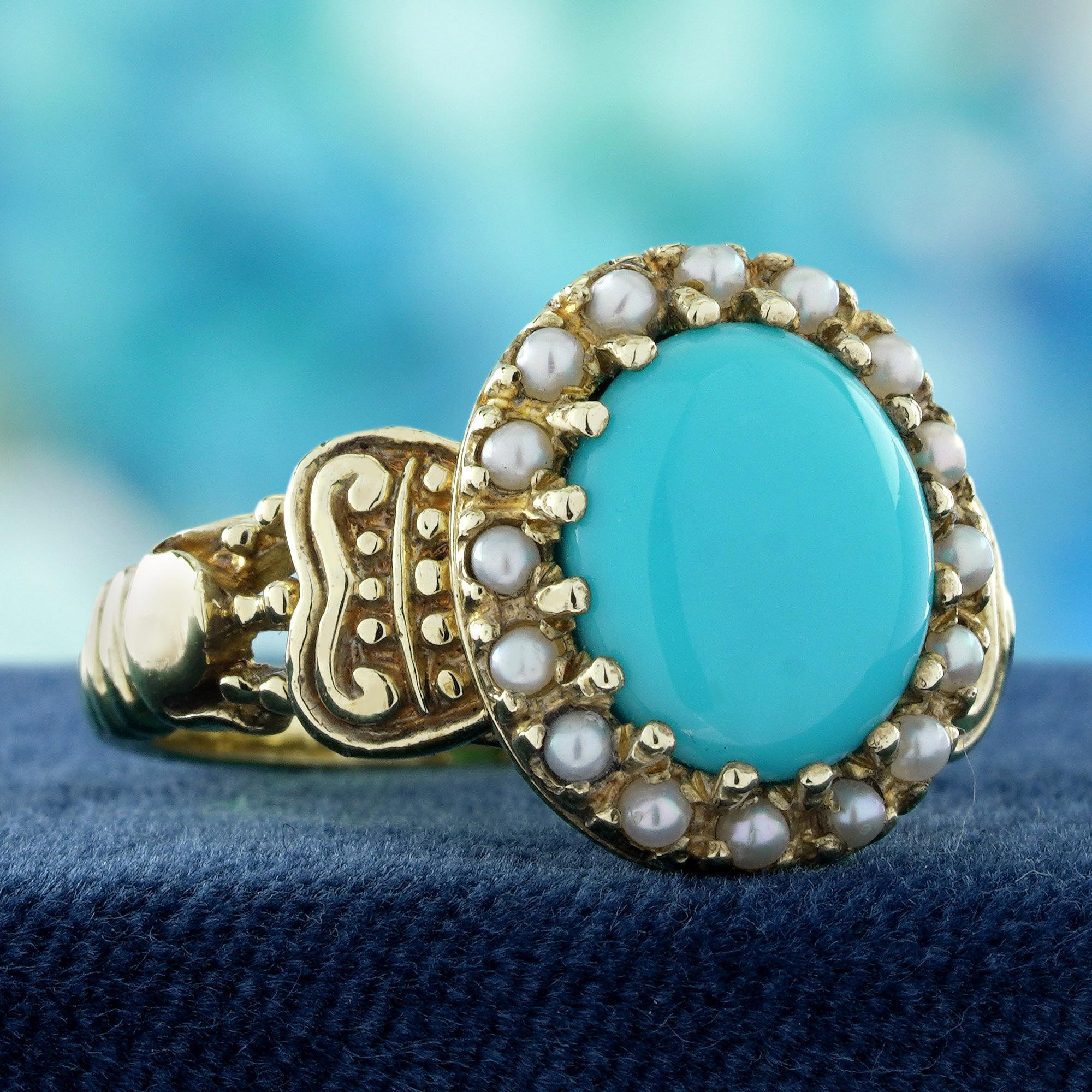 Edwardian 9K Yellow Gold Turquoise and Pearl Vintage Style Cocktail Ring For Sale