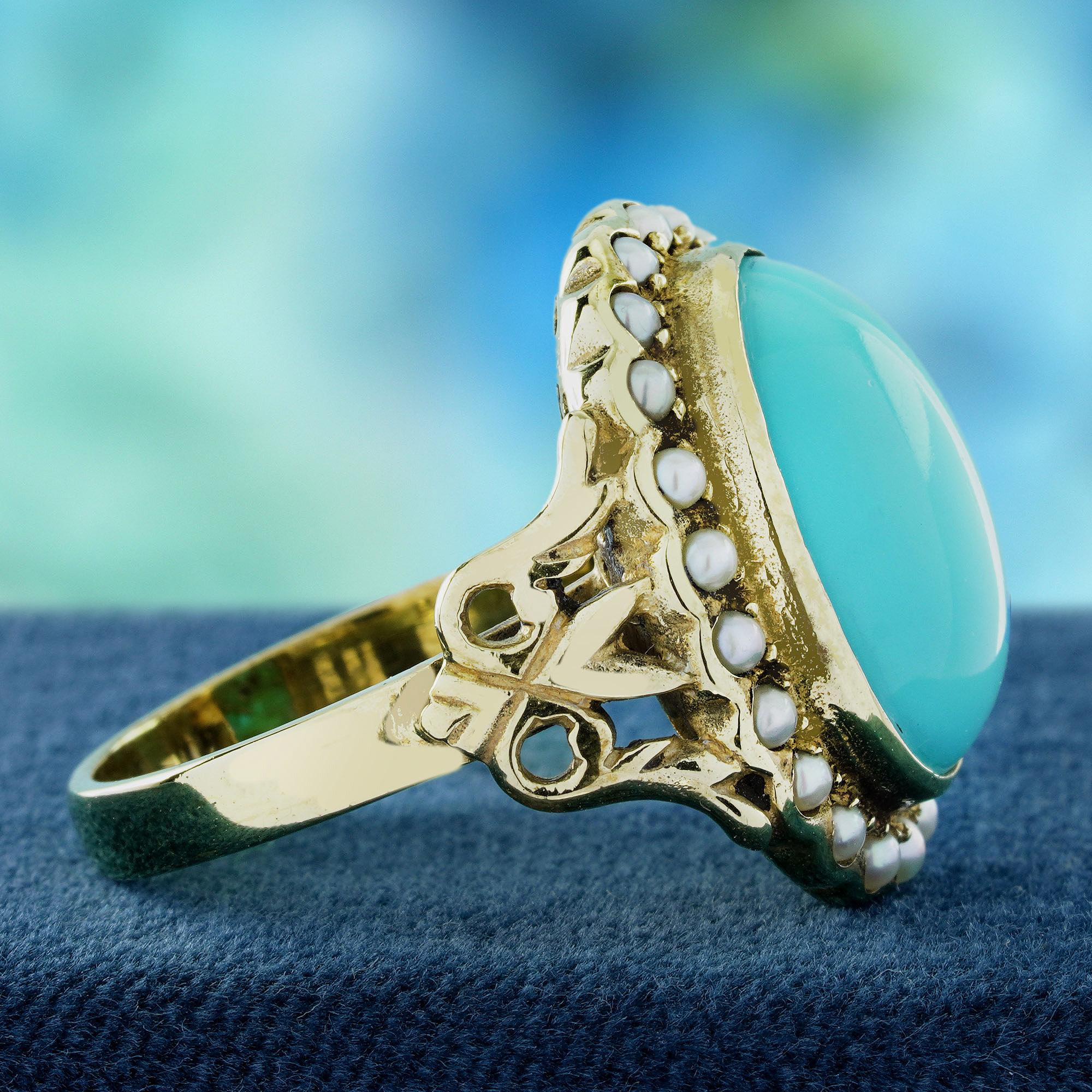 Cabochon 9K Yellow Gold Turquoise and Pearl Vintage Style Cocktail Ring For Sale