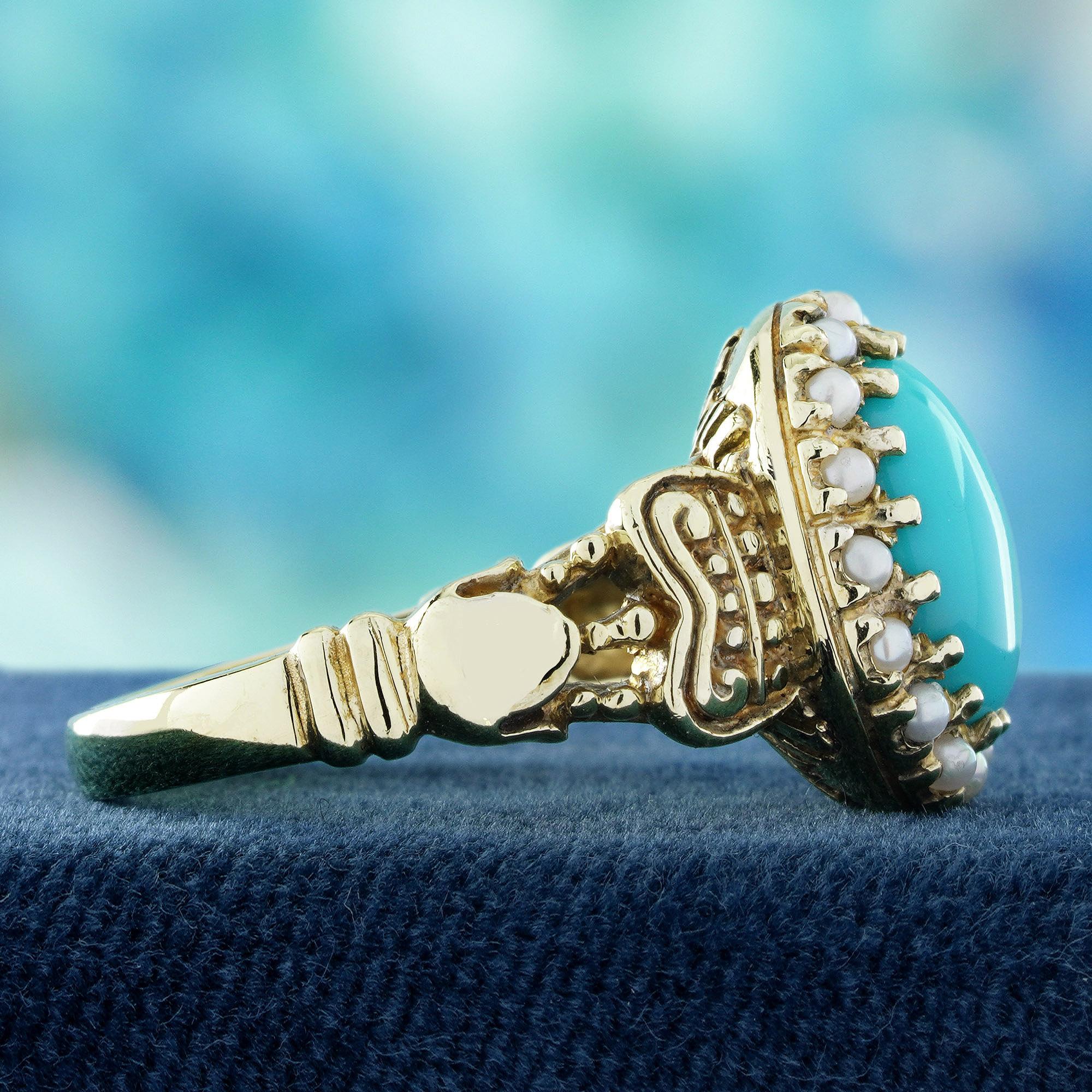 Cabochon 9K Yellow Gold Turquoise and Pearl Vintage Style Cocktail Ring For Sale