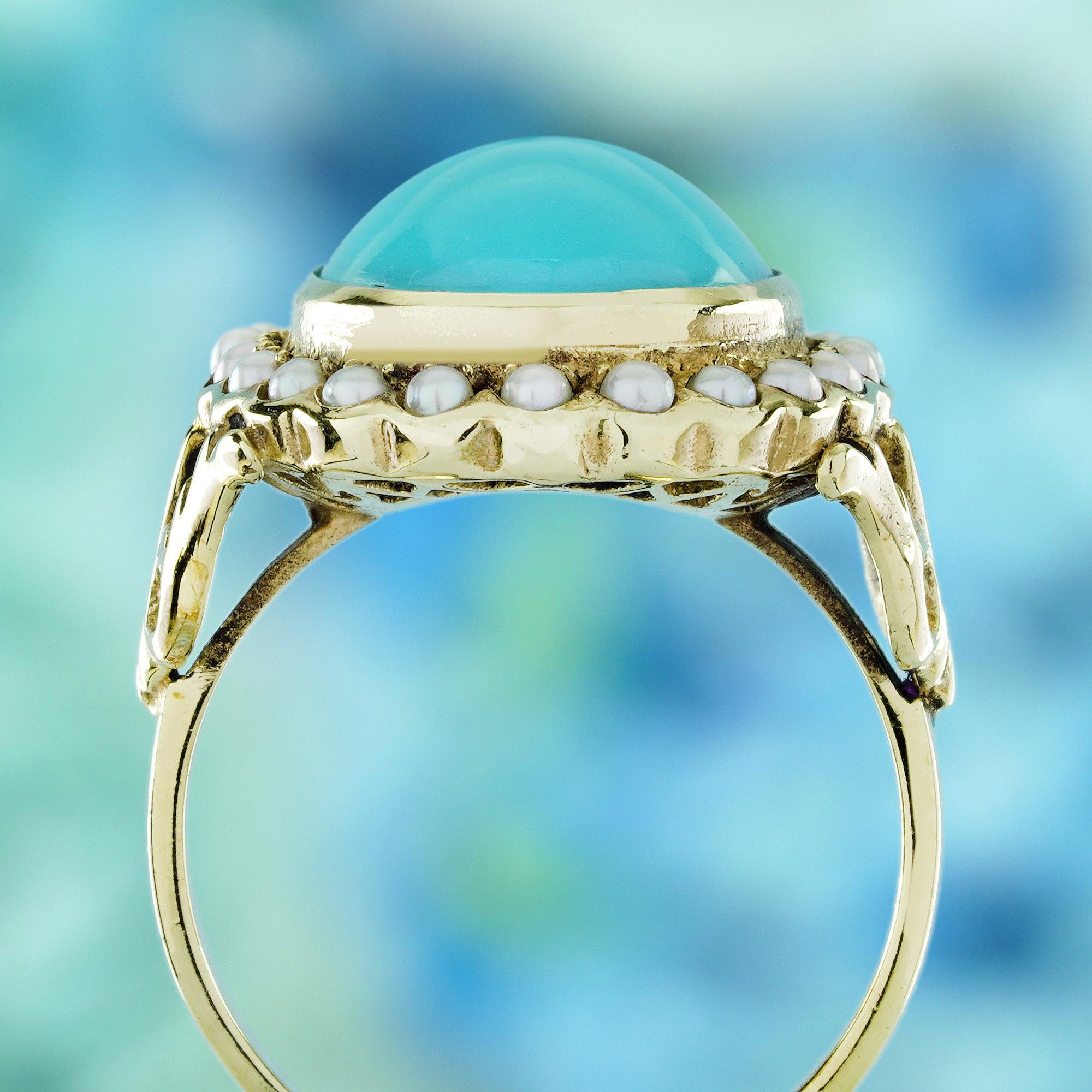 9K Yellow Gold Turquoise and Pearl Vintage Style Cocktail Ring In New Condition For Sale In Bangkok, TH