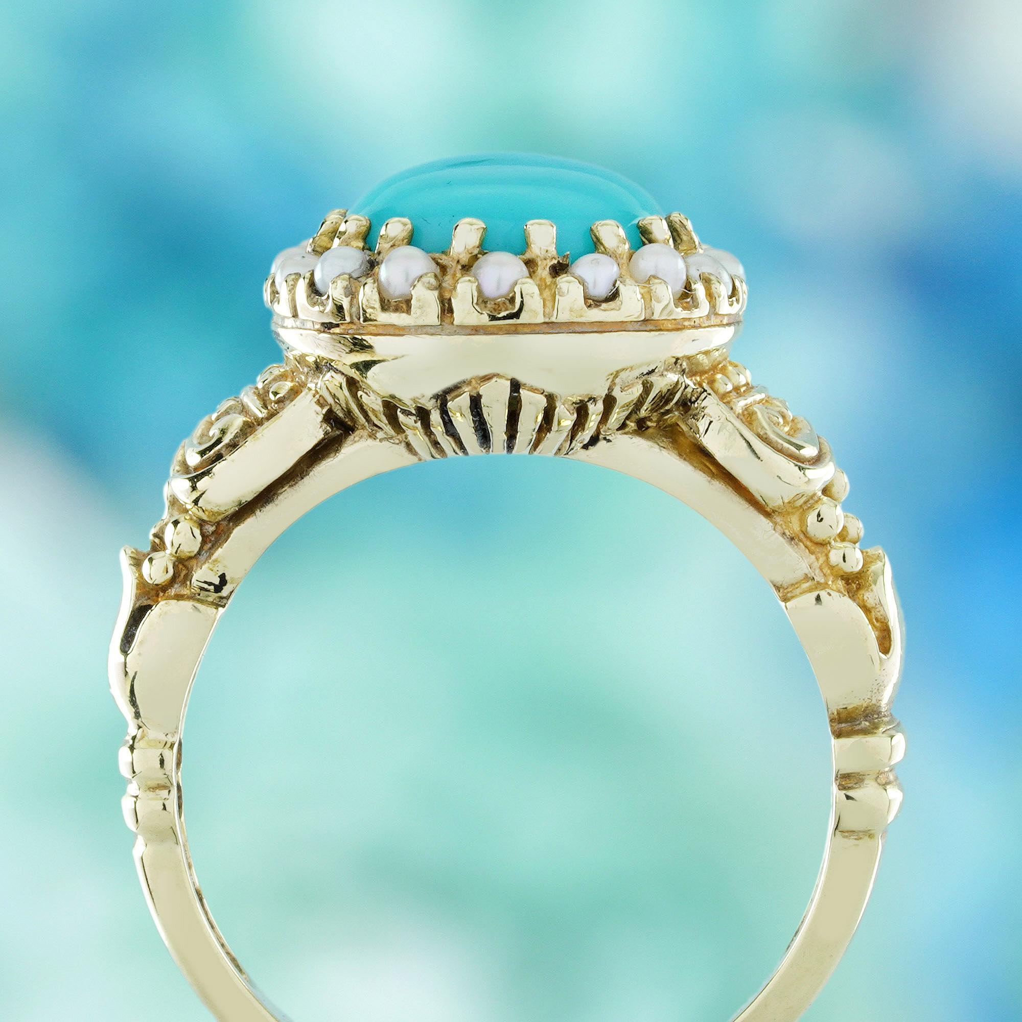 9K Yellow Gold Turquoise and Pearl Vintage Style Cocktail Ring In New Condition For Sale In Bangkok, TH