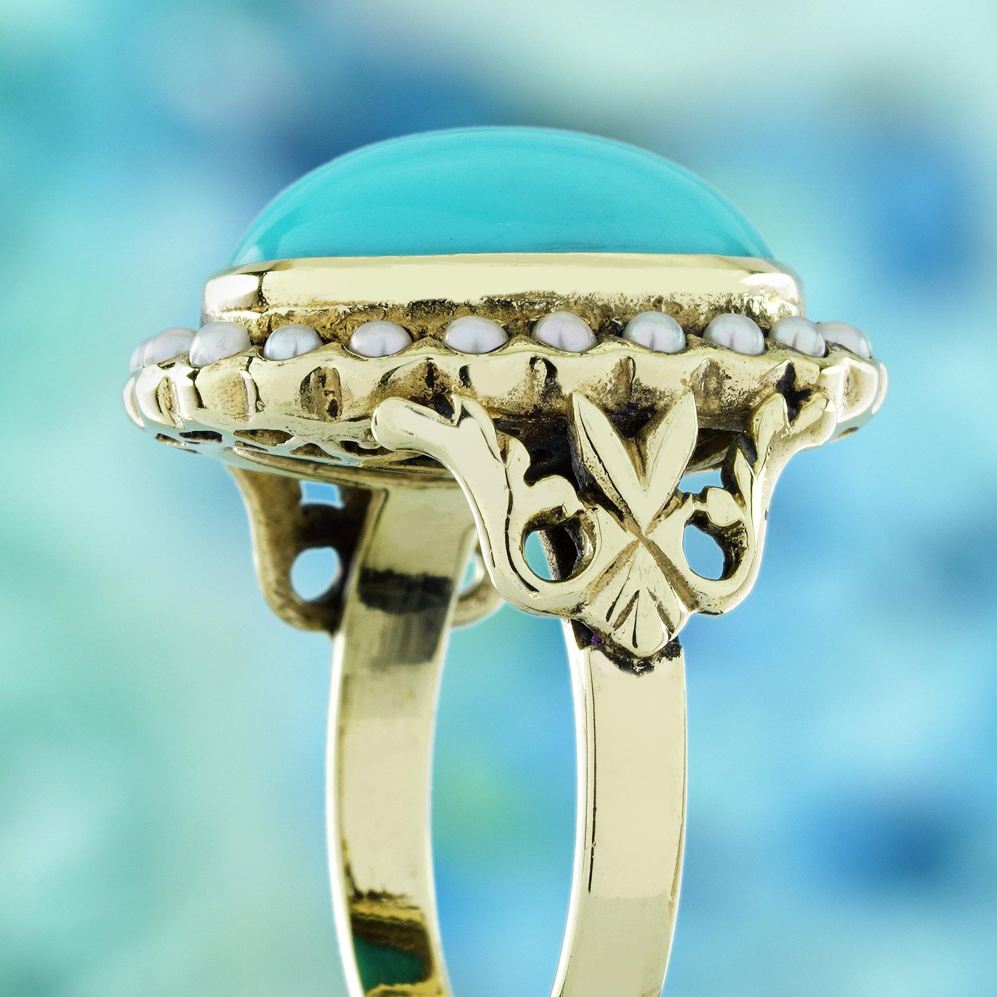 Women's 9K Yellow Gold Turquoise and Pearl Vintage Style Cocktail Ring For Sale