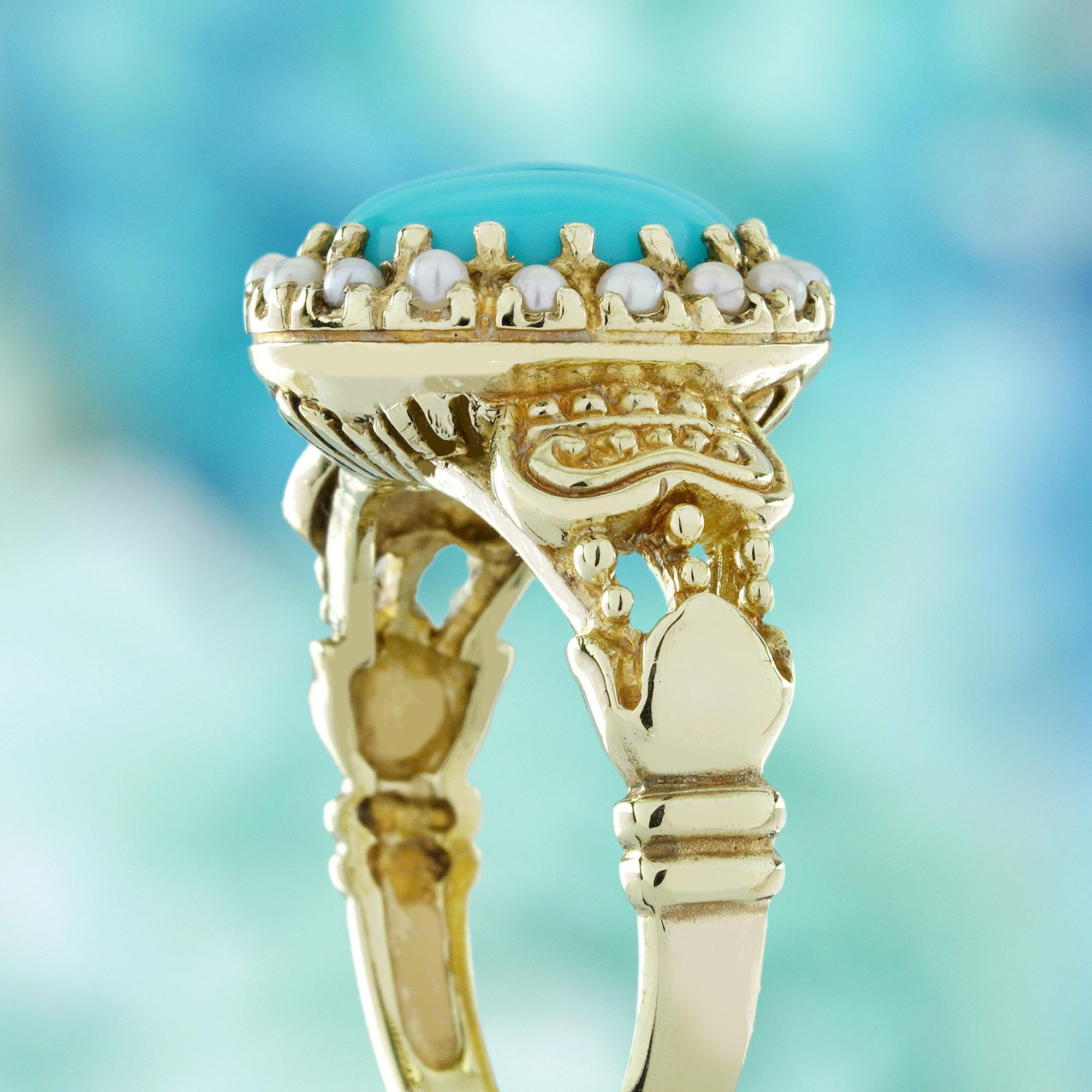 Women's 9K Yellow Gold Turquoise and Pearl Vintage Style Cocktail Ring For Sale