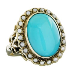 9K Yellow Gold Turquoise and Pearl Vintage Style Cocktail Ring