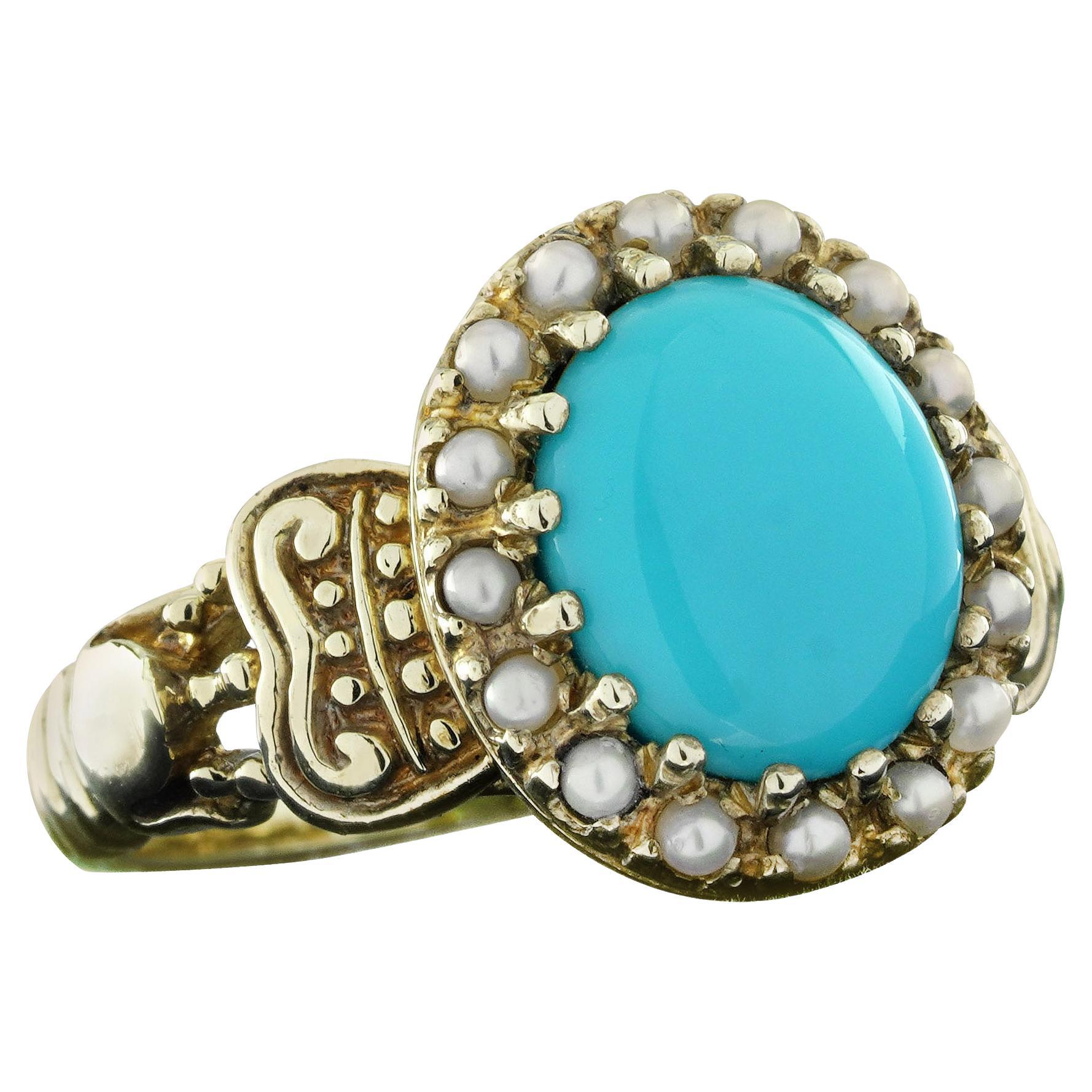 9K Yellow Gold Turquoise and Pearl Vintage Style Cocktail Ring