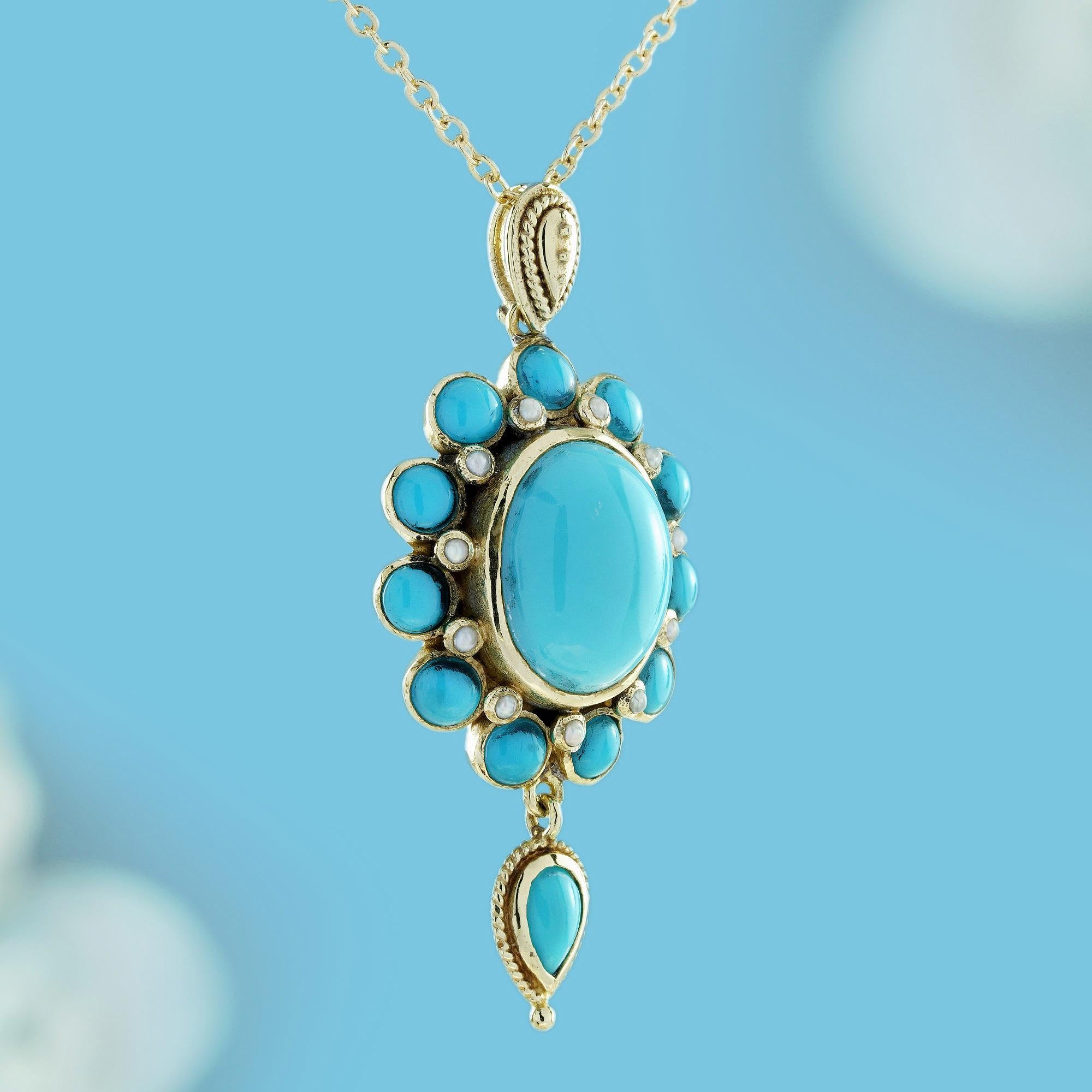 Édouardien Pendentif Fleur Bloom en or jaune 9K avec turquoise et perle de style vintage en vente