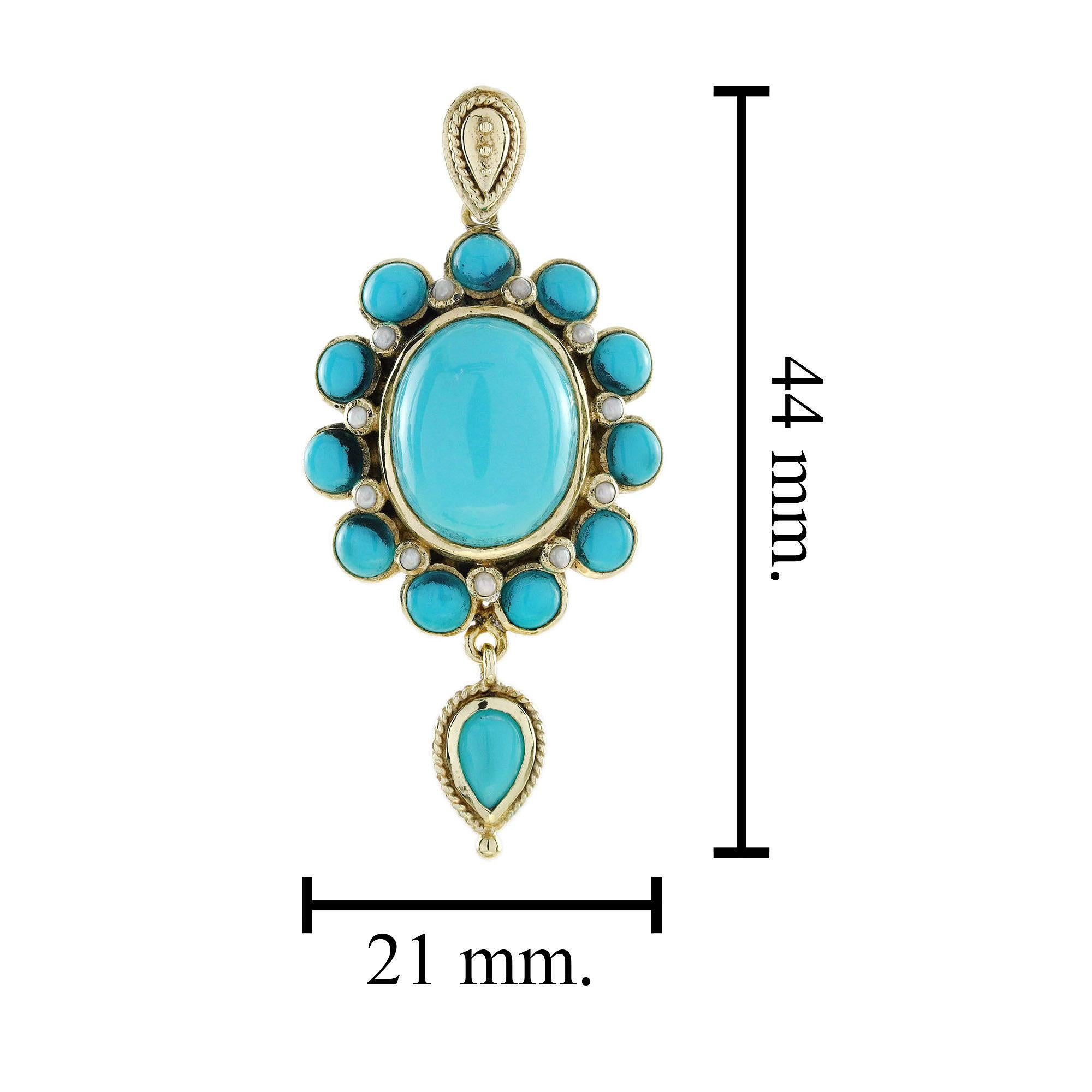 Pendentif Fleur Bloom en or jaune 9K avec turquoise et perle de style vintage Neuf - En vente à Bangkok, TH