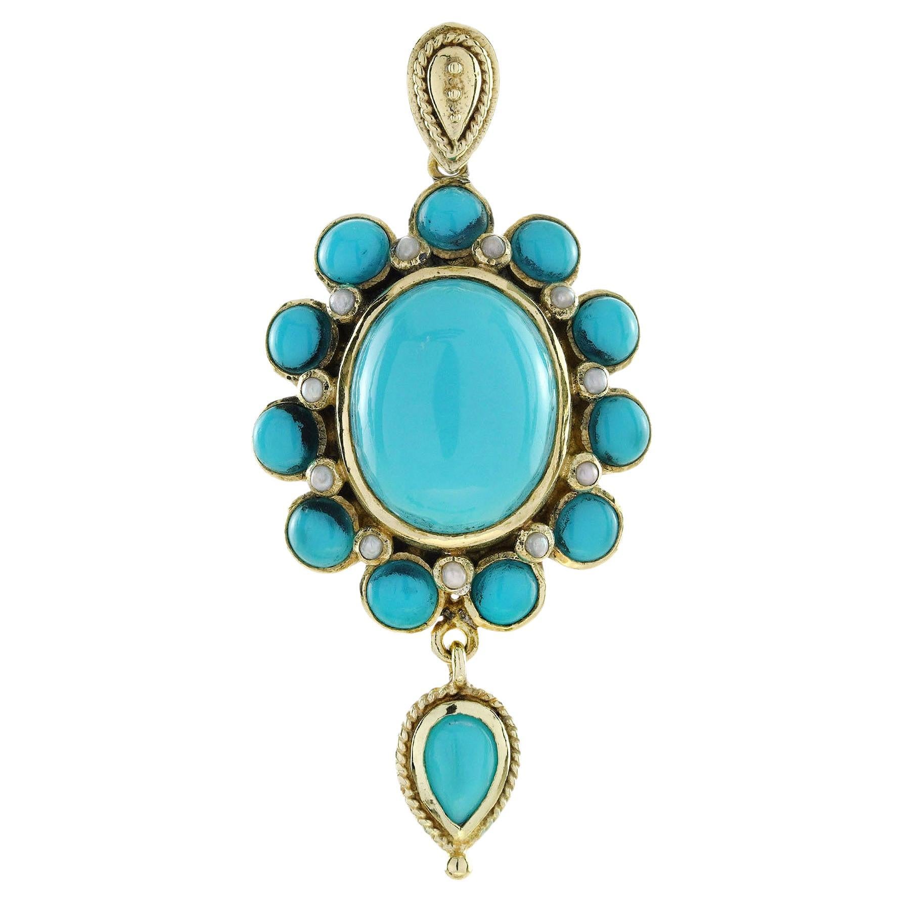 9K Yellow Gold Turquoise and Pearl Vintage Style Flower Bloom Pendant