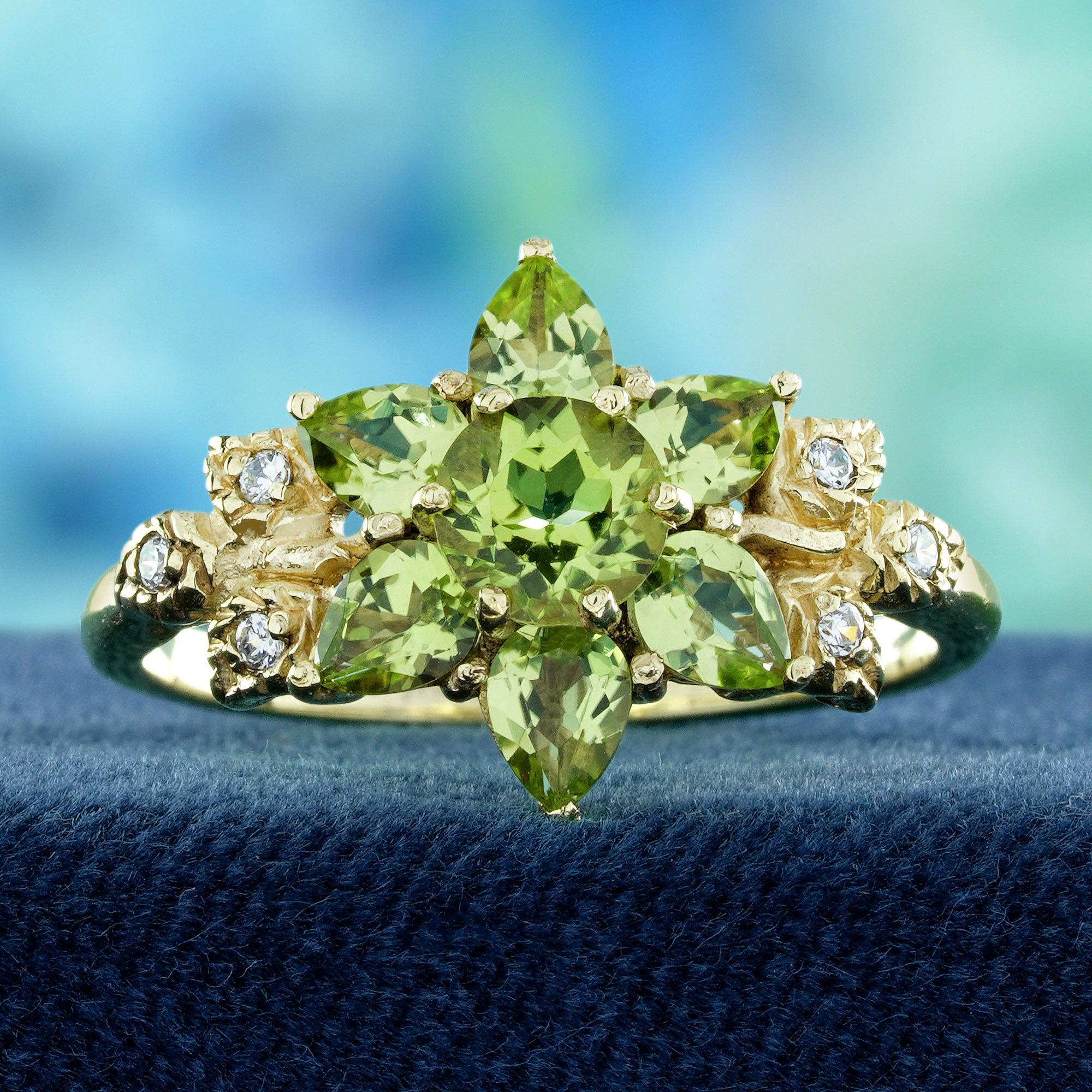 Features a radiant round peridot set at the center, shining with vibrant green hues. Surrounding it are pear-shaped peridots arranged like delicate petals, complemented by diamond-accented leaves that add sparkle and elegance. The intricate floral