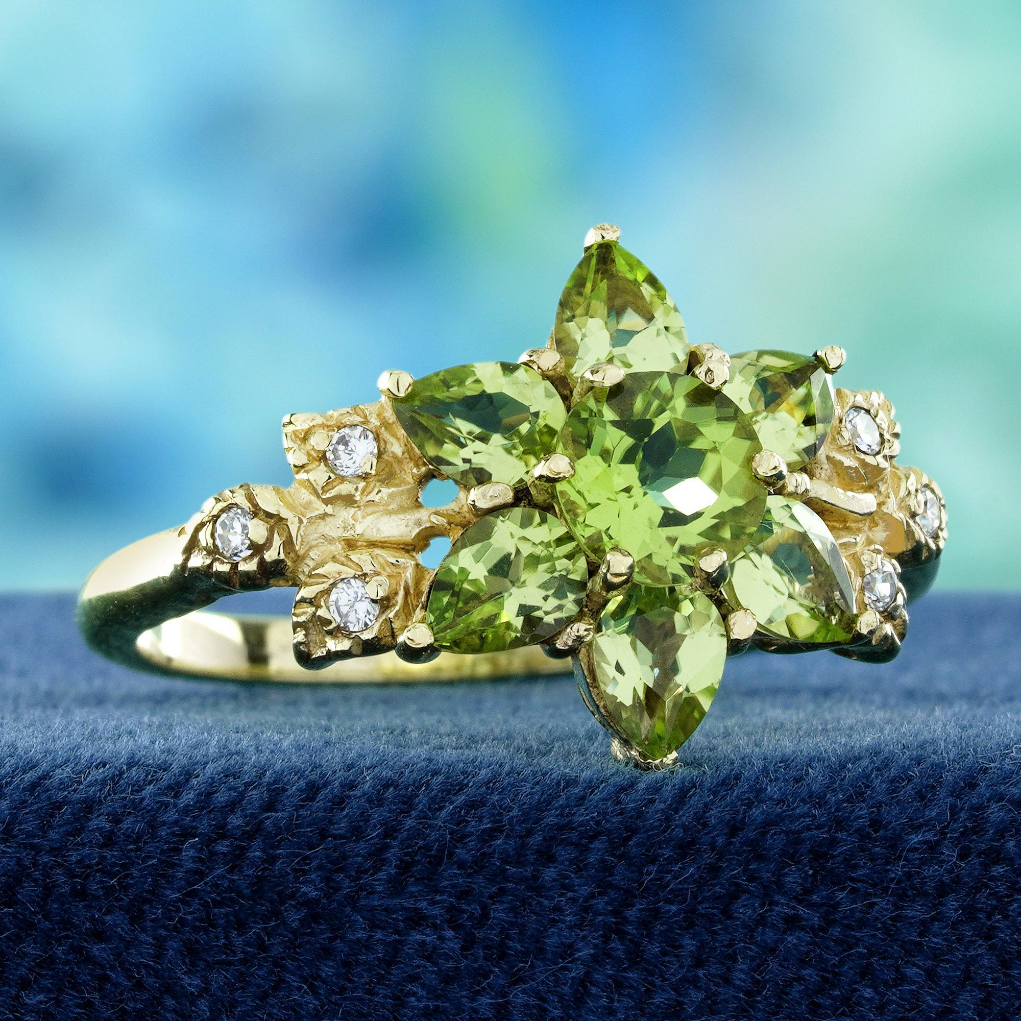 Edwardian 9K Yellow Natural Peridot and Diamond Vintage Style Floral Cluster Ring For Sale