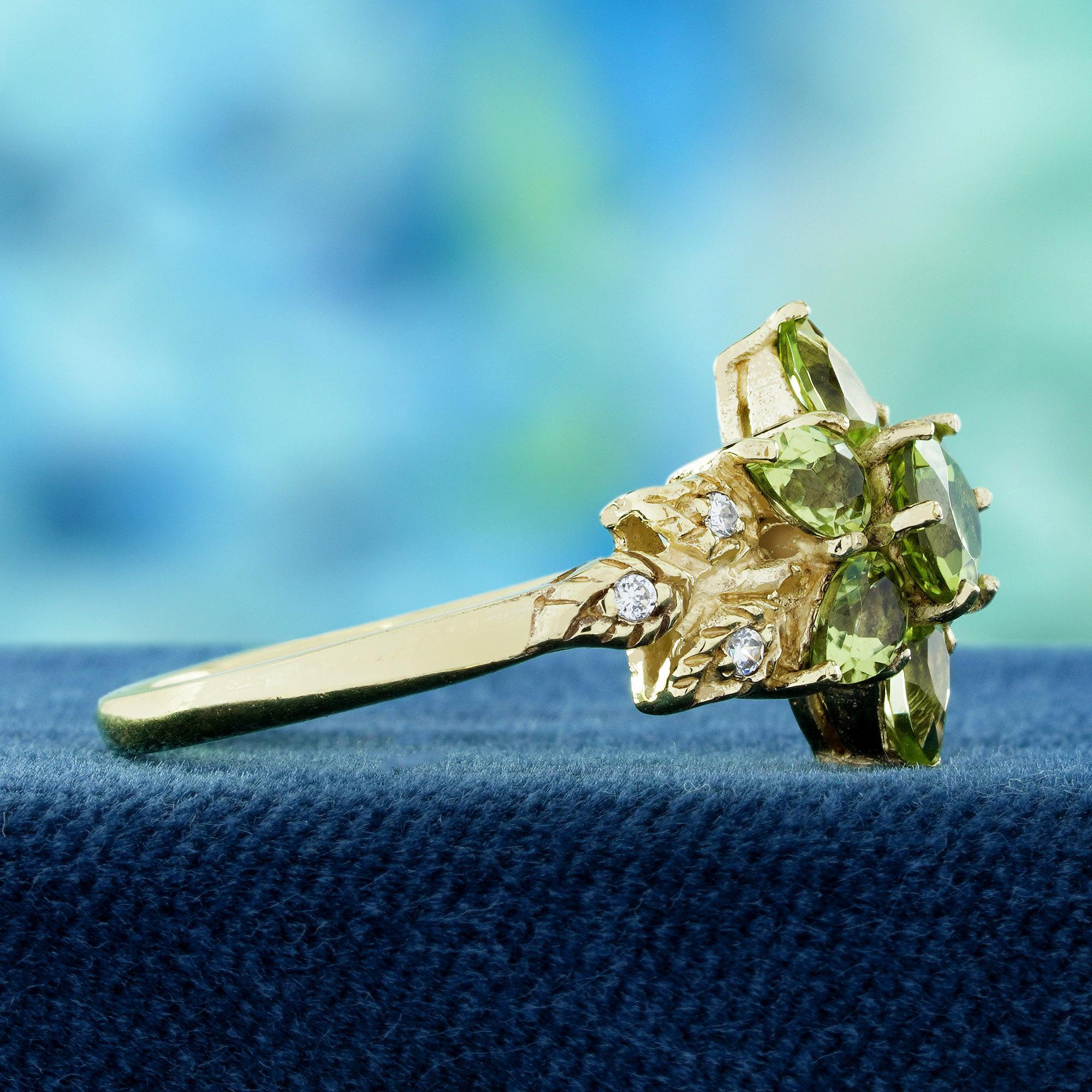 Round Cut 9K Yellow Natural Peridot and Diamond Vintage Style Floral Cluster Ring For Sale