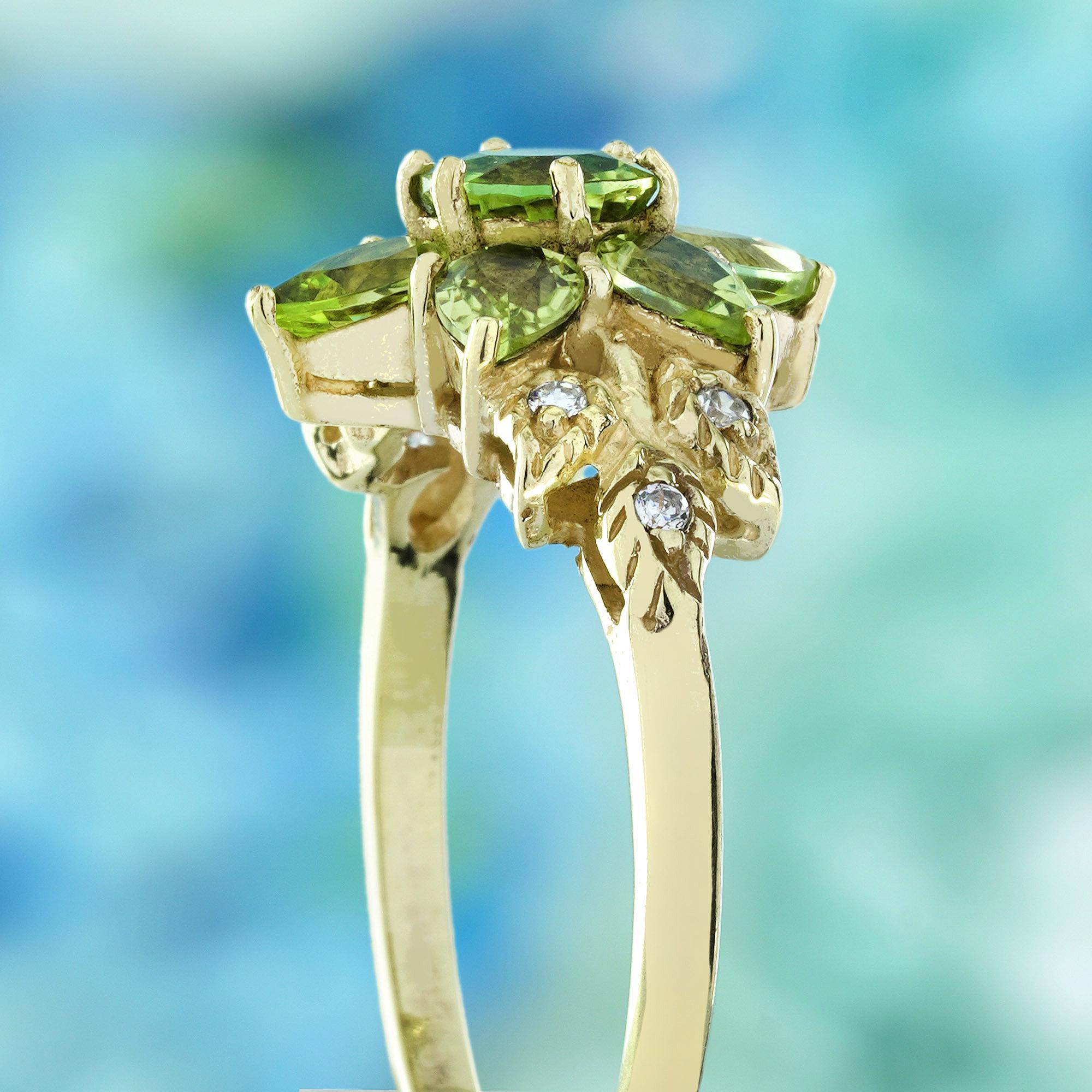 Women's 9K Yellow Natural Peridot and Diamond Vintage Style Floral Cluster Ring For Sale