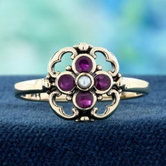 9K Yellow Pearl and Ruby Vintage Style Floral Ring