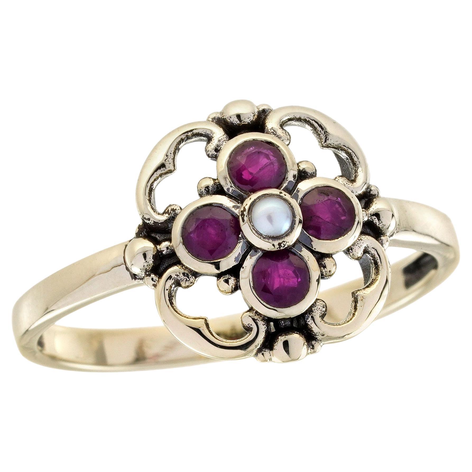 9K Yellow Pearl and Ruby Vintage Style Floral Ring