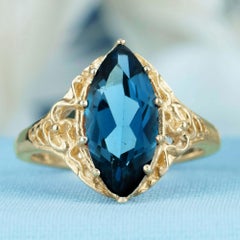 9K Yellow Solid Glod London Blue Topaz Vintage Style Filigree Ring