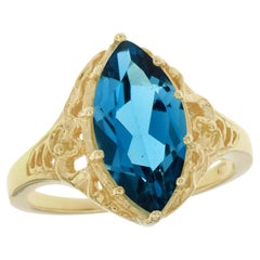 9K Yellow Solid Glod London Blue Topaz Vintage Style Filigree Ring