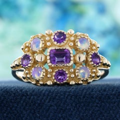 9K Yellow Solid Gold Amethyst and Opal Vintage Style Cluster Ring