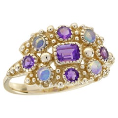 9K Yellow Solid Gold Amethyst and Opal Vintage Style Cluster Ring