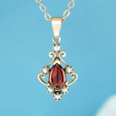 9K Yellow Solid Gold Cabochon Garnet and Pearl Vintage Style Floral Pendant