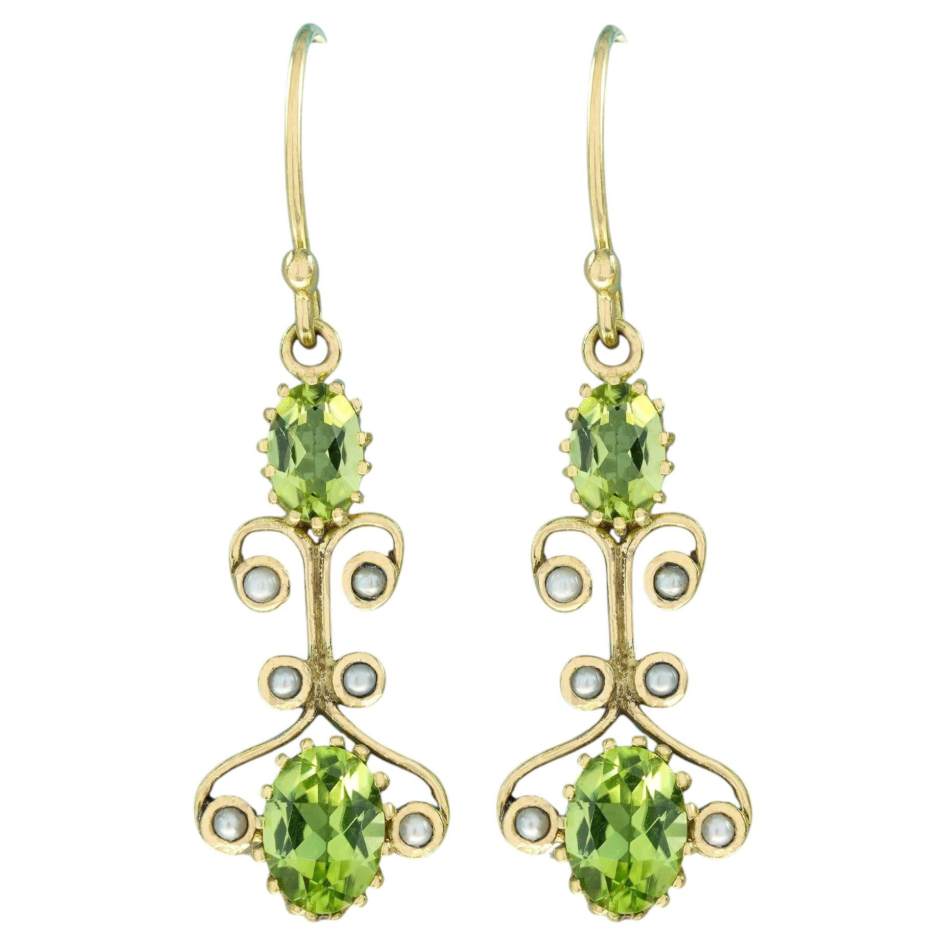 Peridot Pearl Art Nouveau Inspired Drop Earrings in 9K Yellow Gold For Sale