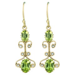 Orecchini pendenti in oro giallo massiccio 9K con peridoto naturale e perla, stile vintage