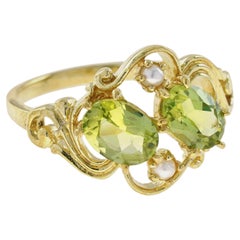 Anello a spirale in oro giallo massiccio 9K con peridoto naturale e perla, stile vintage