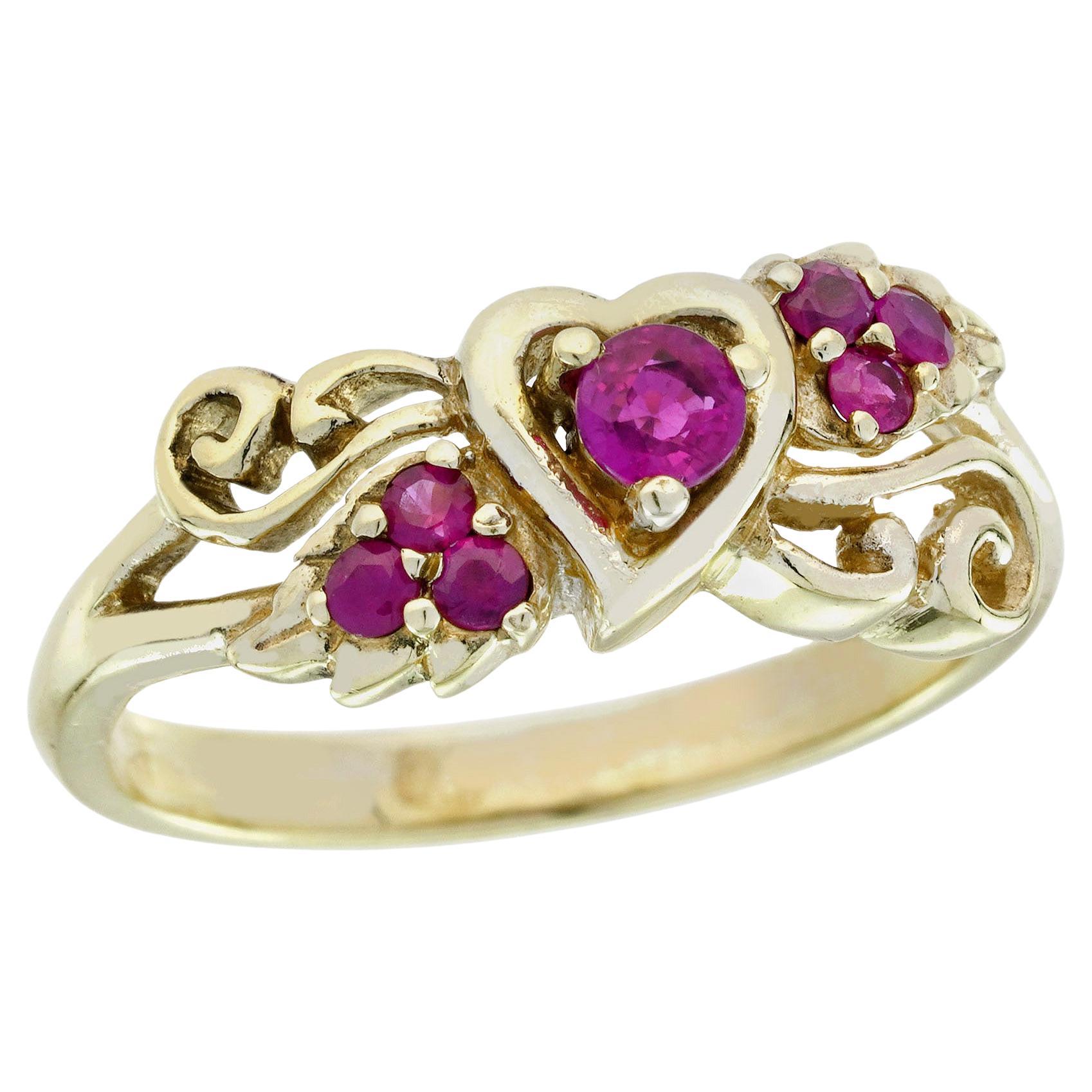 9K Yellow Solid Gold Natural Ruby Vintage Style Heart Ring