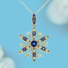 9K Yellow Solid Gold Natural Sapphire Opal Vintage Style Flower Bloom Pendant