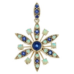 9K Yellow Solid Gold Natural Sapphire Opal Vintage Style Flower Bloom Pendant
