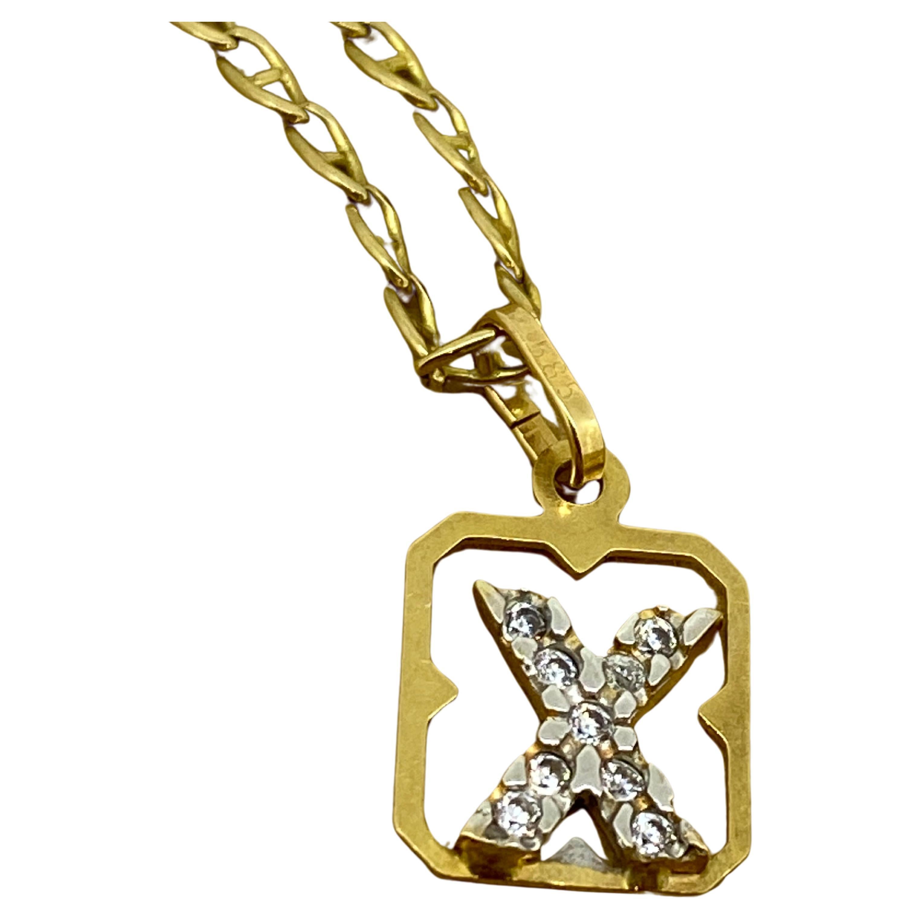 Modern 9K Yellow & White Gold & Diamond Set Letter X Pendant For Sale