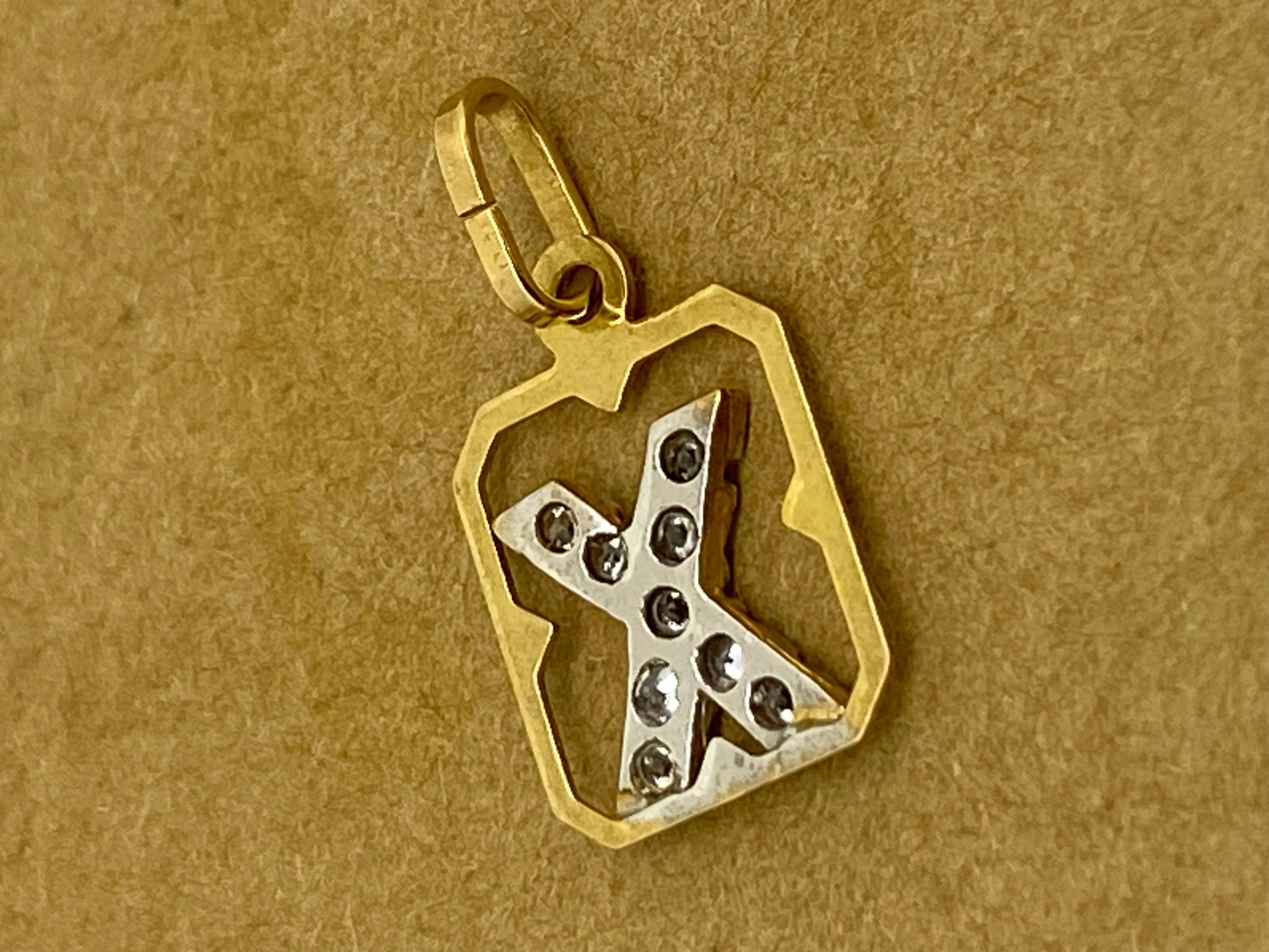 Round Cut 9K Yellow & White Gold & Diamond Set Letter X Pendant For Sale