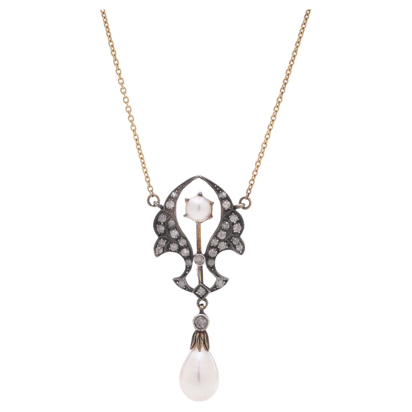 Collana di diamanti e perle in oro 9kt e argento in vendita