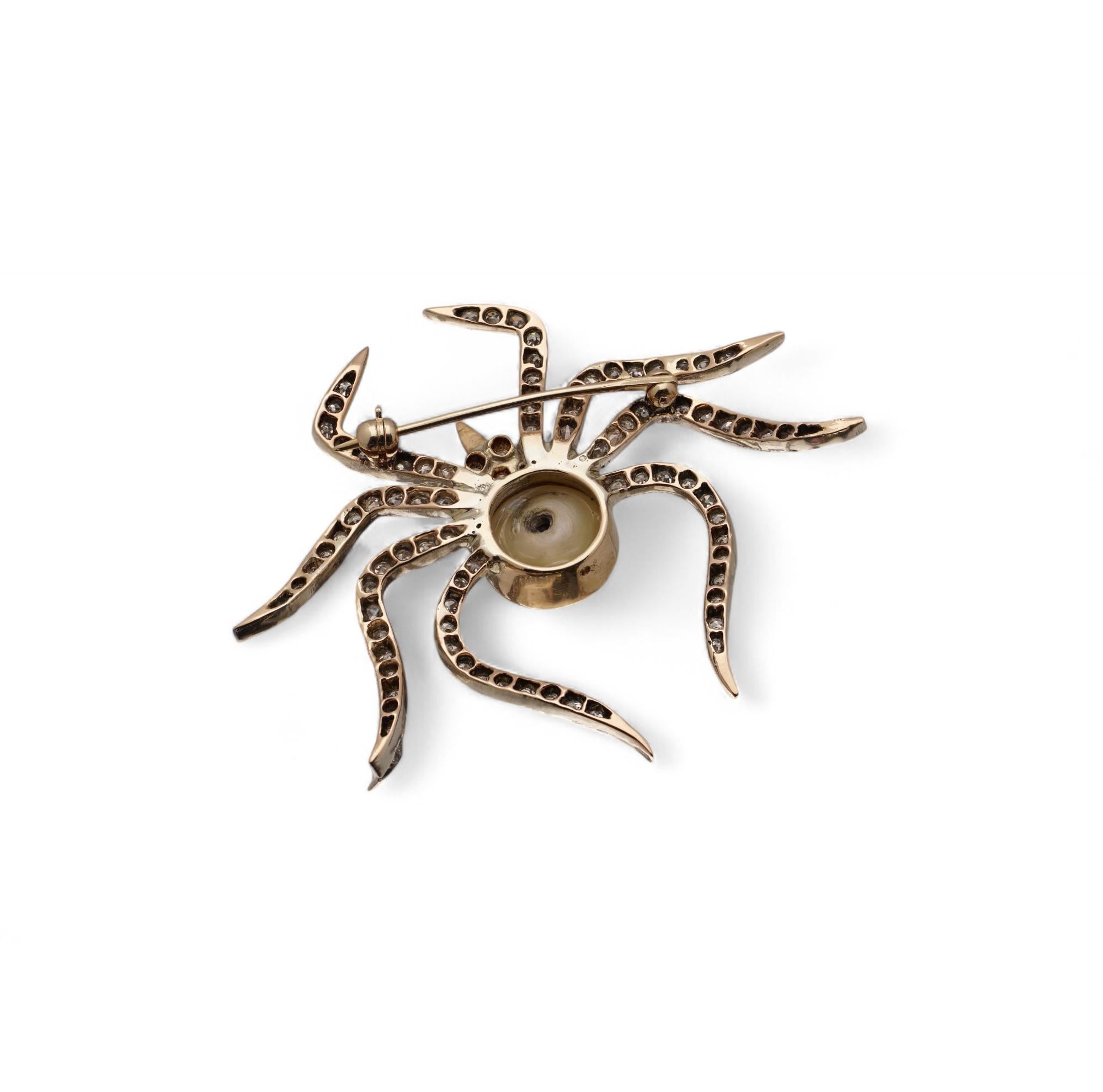 9kt Gold and Silver Spider Brooch with Natural Pearl and Diamonds en Bueno estado para la venta en Braintree, GB