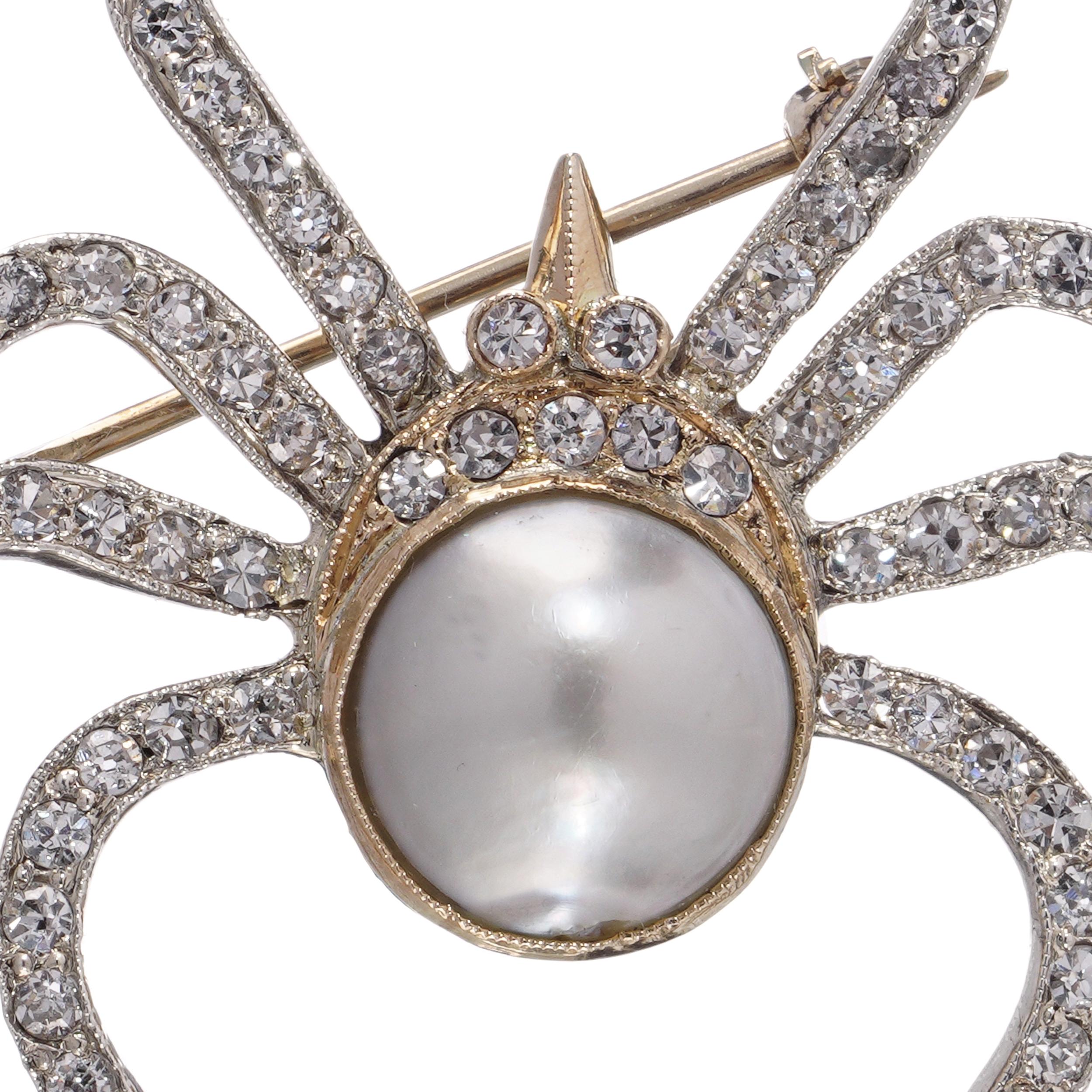9kt Gold and Silver Spider Brooch with Natural Pearl and Diamonds en venta 1