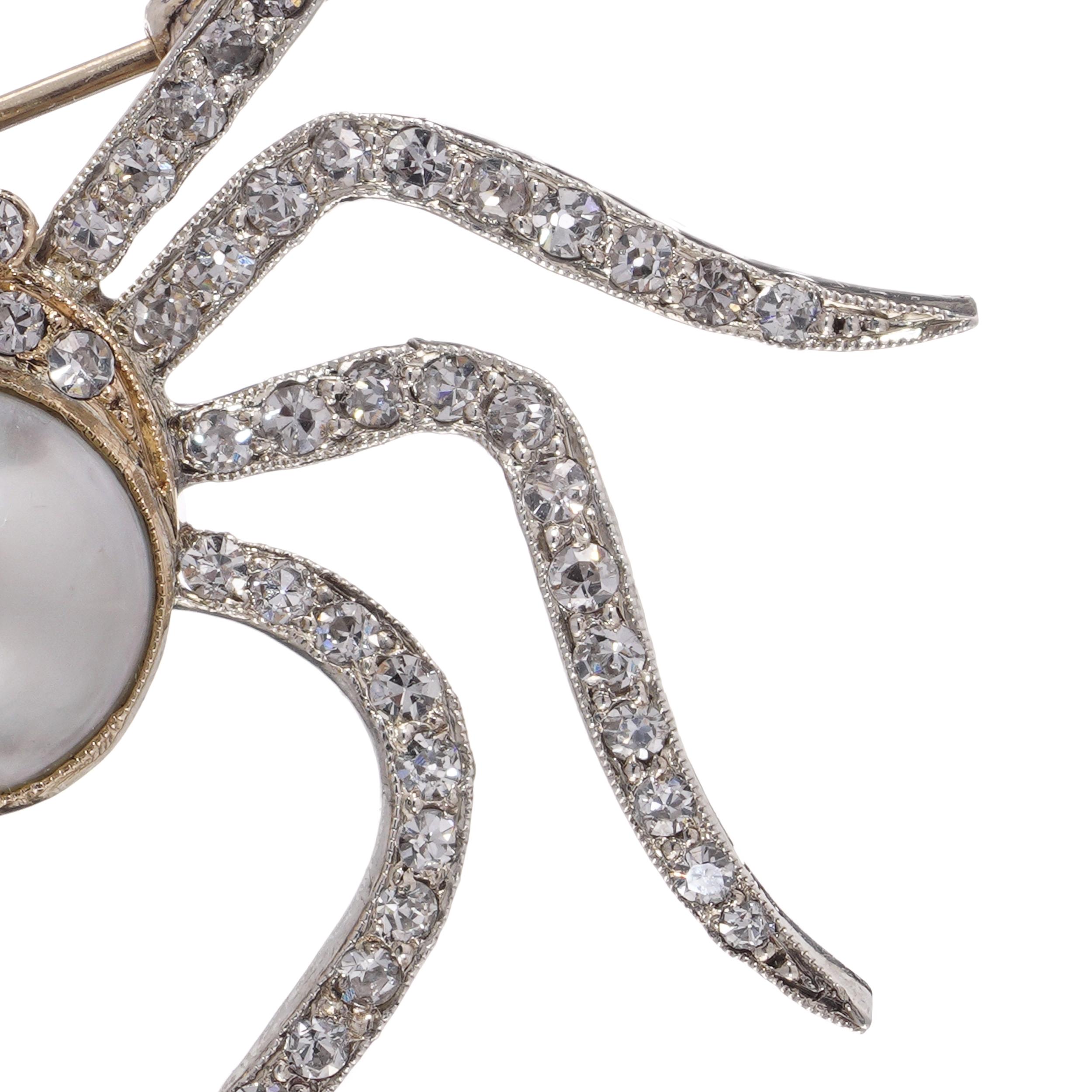 9kt Gold and Silver Spider Brooch with Natural Pearl and Diamonds en venta 2