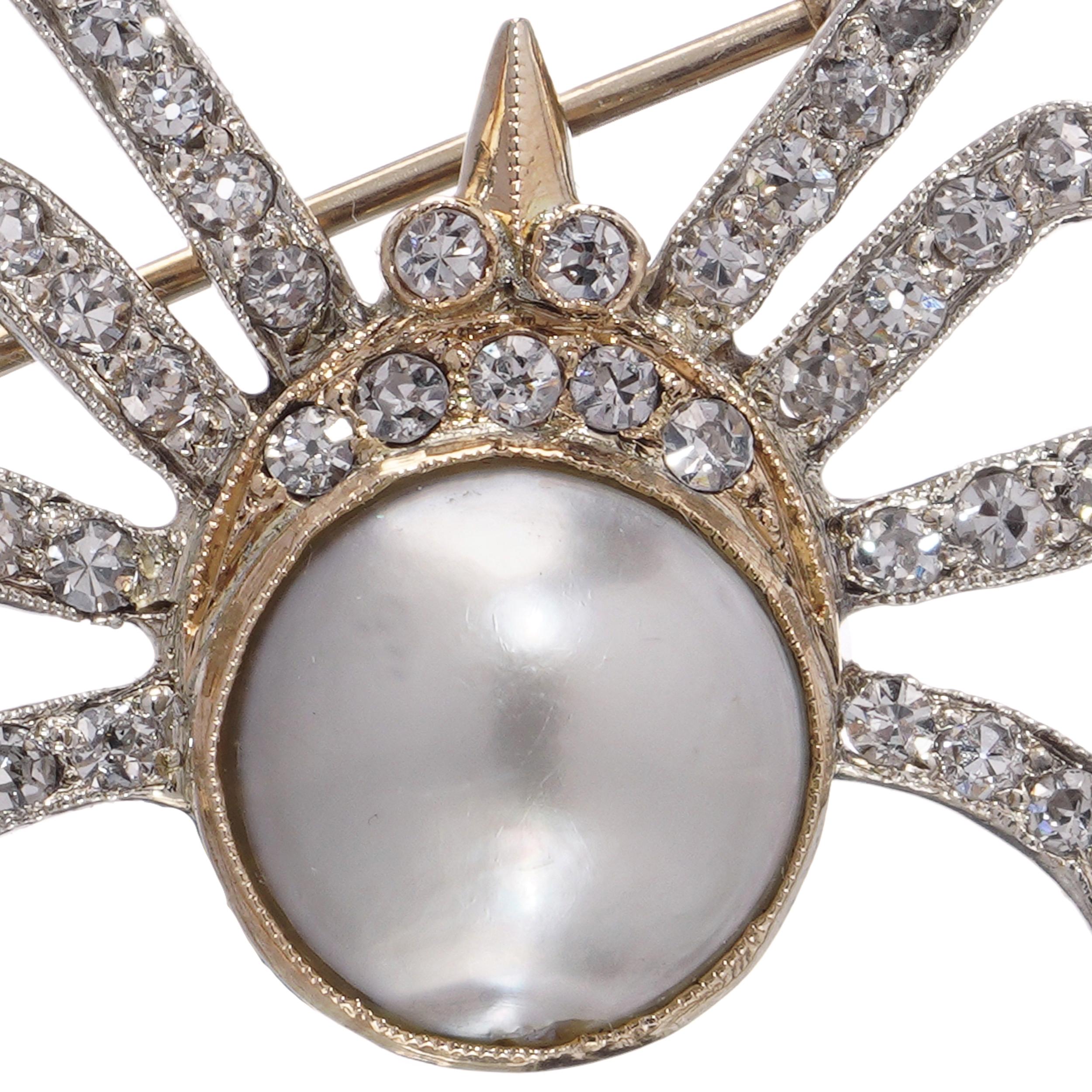 9kt Gold and Silver Spider Brooch with Natural Pearl and Diamonds en venta 3