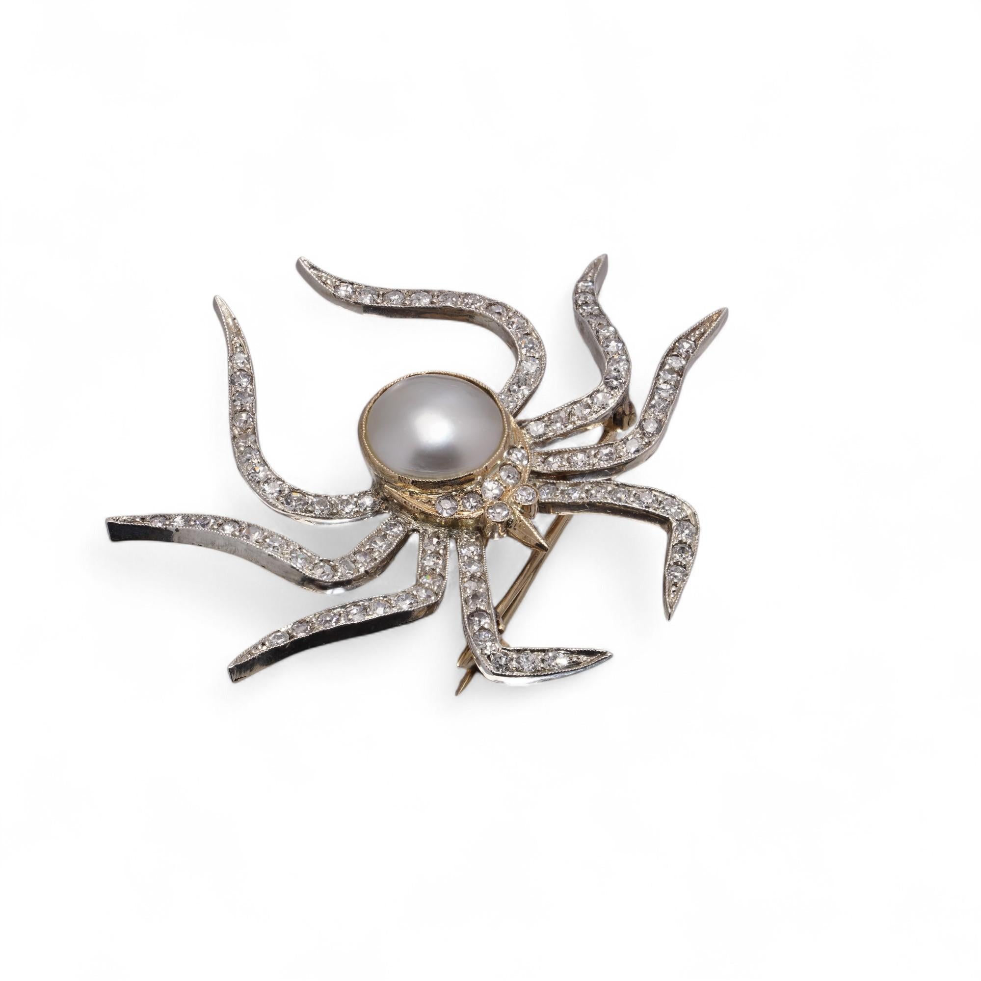 9kt Gold and Silver Spider Brooch with Natural Pearl and Diamonds en venta 4