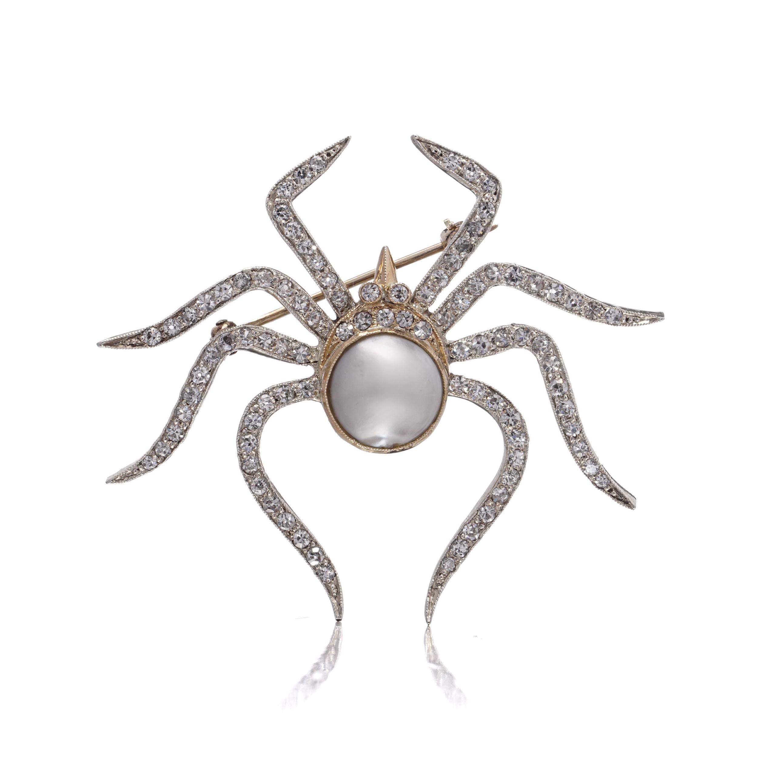 9kt Gold and Silver Spider Brooch with Natural Pearl and Diamonds