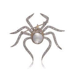 9kt Gold and Silver Spider Brooch with Natural Pearl and Diamonds